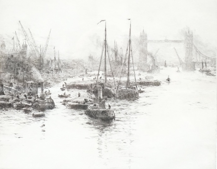 William Lionel Wyllie (1851-1931), etching, Tower Bridge with barges, signed in pencil, 22 x 27cm